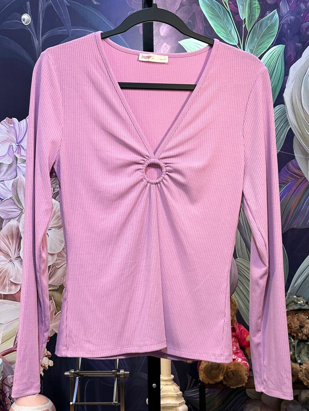 Intempo Lilac Stretch Ribbed Knit Top Y2K Balletcore Ruched Detail Long Sleeve